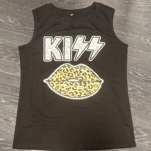 Women Black Graphic Tank Top with Leopard Print KISS